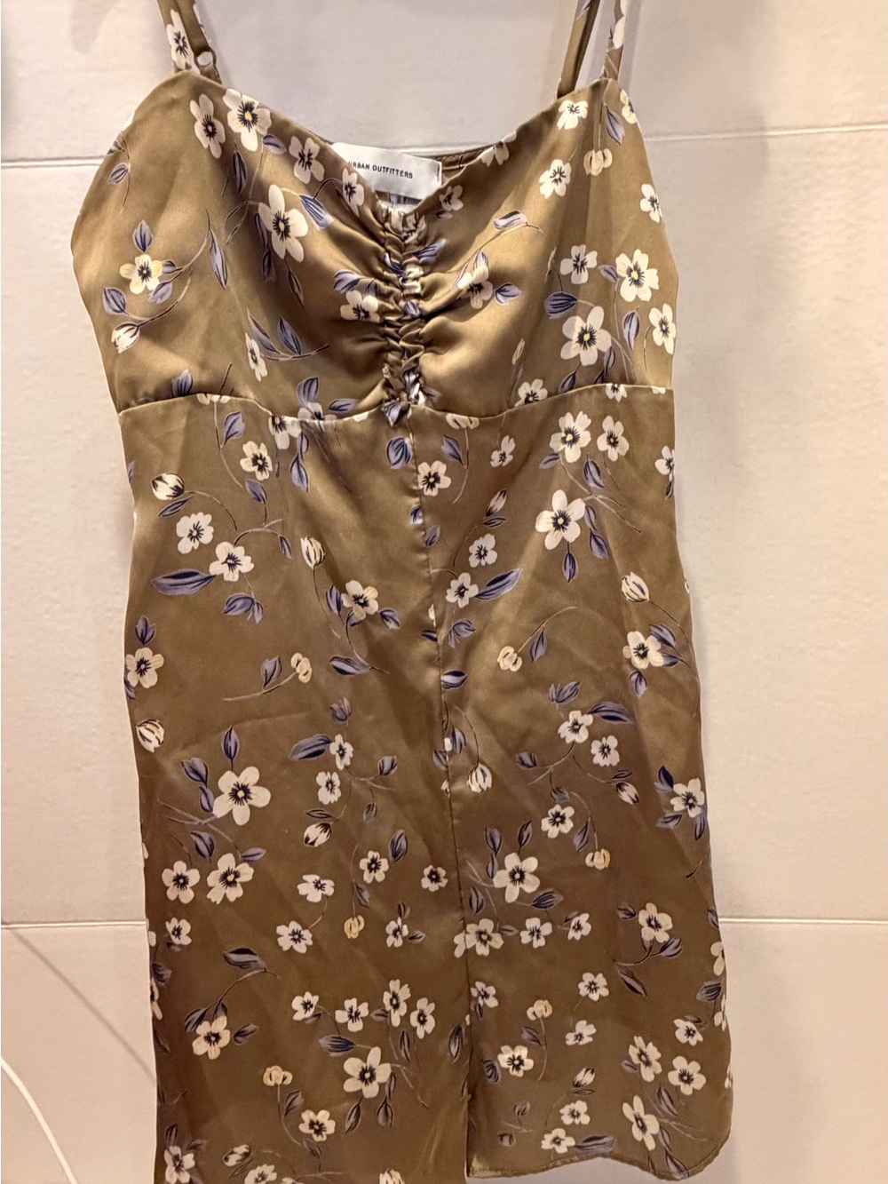 Urban Outfitters Olive Floral Satin Slip Dress with Ruched Bust